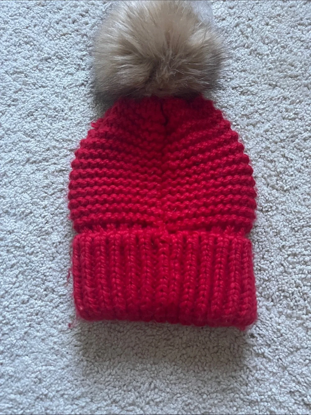 Justice Red Knit Beanie with Faux-Fur Pom and Gold Ear Accents